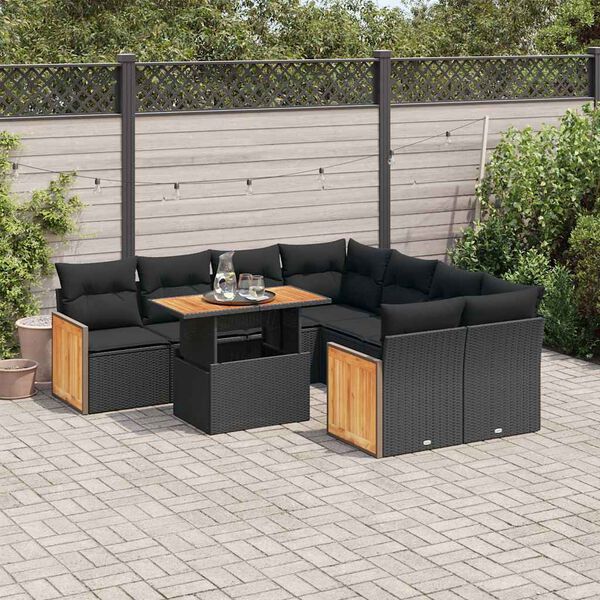 vidaXL 9-tlg. Garten-Sofagarnitur mit Kissen Schwarz Poly Rattan