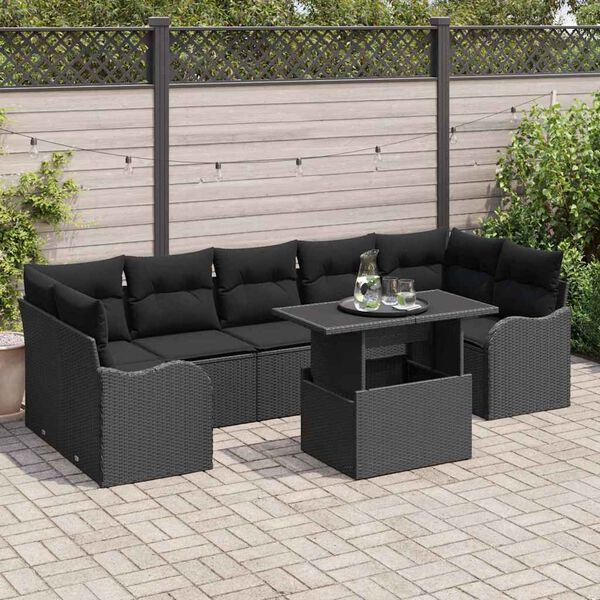 vidaXL Garten-Sofa-Set mit Kissen mit Kissen 8 pcs Schwarz Poly Rattan