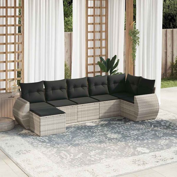 vidaXL 7-tlg. Garten-Sofagarnitur mit Kissen Hellgrau Poly Rattan
