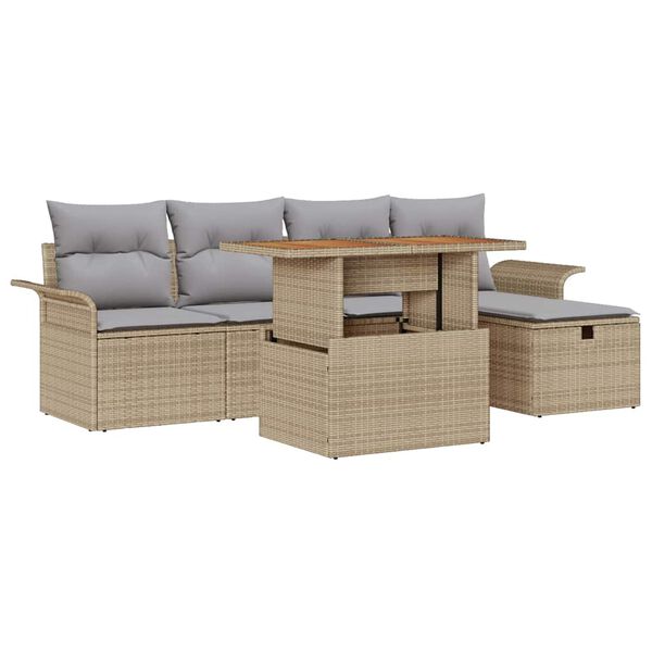 vidaXL Garten-Sofa-Set mit Kissen mit Speicher 6 pcs Beige Poly Rattan