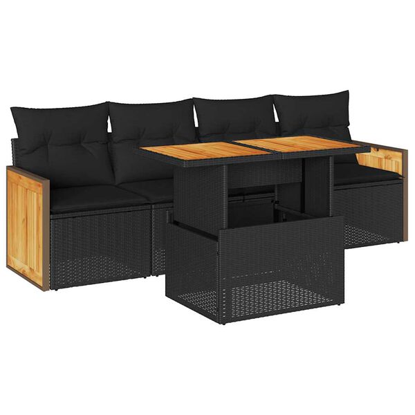 vidaXL 5tlg. Garten-Sofagarnitur mit Kissen Schwarz Poly Rattan Akazie