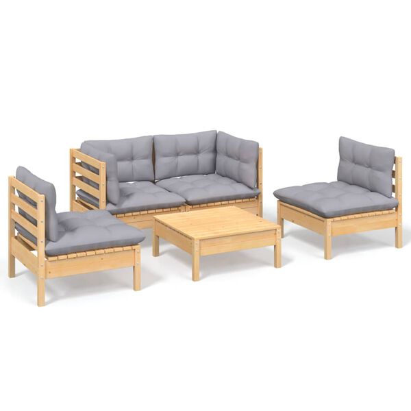 vidaXL 5-tlg. Garten-Lounge-Set mit Grauen Kissen Kiefer Massivholz