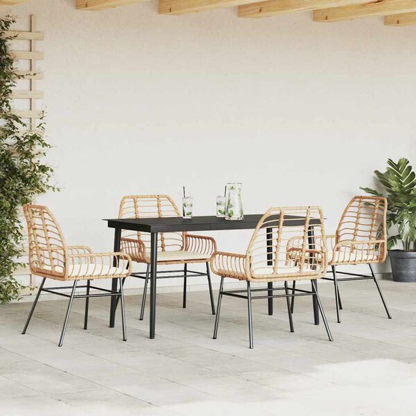 vidaXL 5-tlg. Garten-Essgruppe mit Kissen Braun Poly Rattan Glas