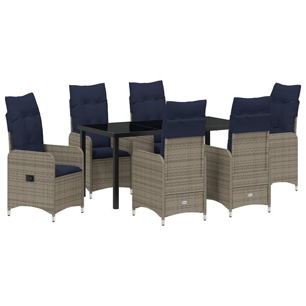 vidaXL Tisch- und Stuhlset mit Kissen 7 pcs Grau PE-Rattan