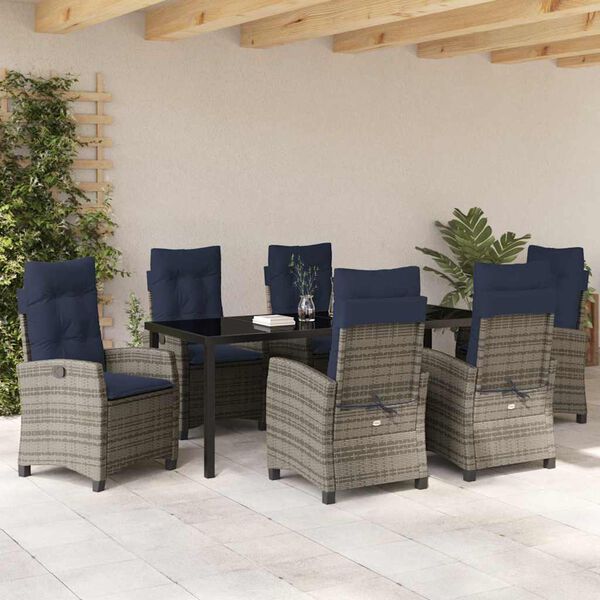 vidaXL Garten Essgruppe mit Kissen 7 pcs Grau Poly-Rattan