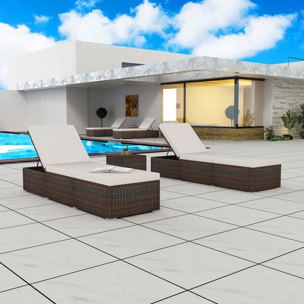 vidaXL Sonnenliegen 2-tlg. mit Tisch Poly Rattan Braun