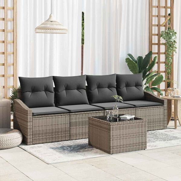 vidaXL Sofa Set mit Kissen mit Speicher 5 pcs Grau Poly-Rattan