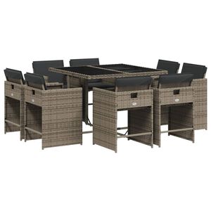 vidaXL 9-tlg. Garten-Essgruppe mit Kissen Grau Poly Rattan