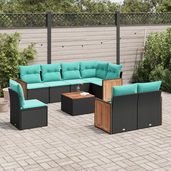 vidaXL 9-teiliges Gartensofa-Set mit Kissen, schwarzes Polyrattan