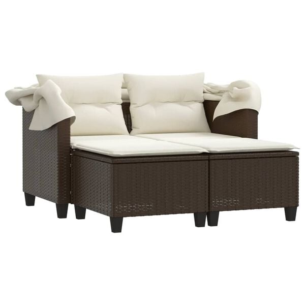 vidaXL Gartensofa 2-Sitzer mit Dach und Hockern Braun Poly Rattan