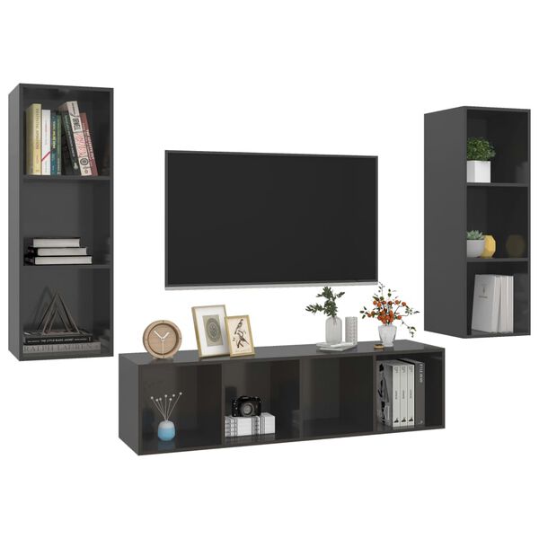 vidaXL 3-tlg. TV-Schrank-Set Hochglanz-Grau Holzwerkstoff