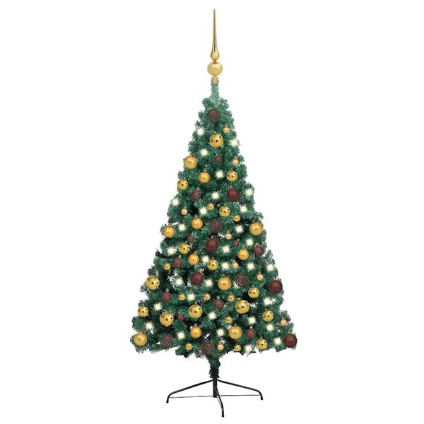 vidaXL K&uuml;nstlicher Halb-Weihnachtsbaum Beleuchtung Kugeln Gr&uuml;n 180 cm