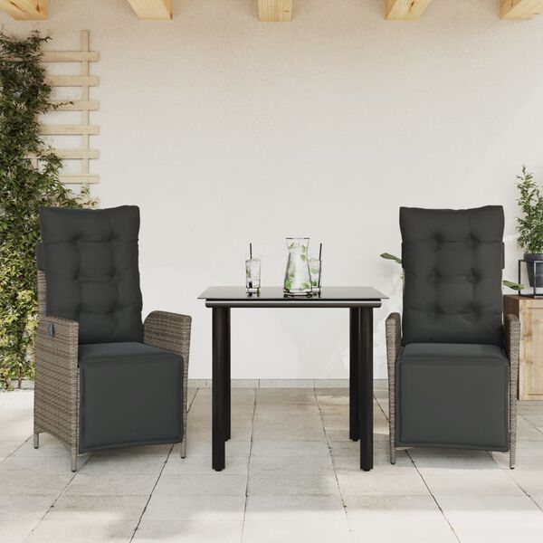 vidaXL 3-tlg. Garten-Essgruppe mit Kissen Grau Poly Rattan