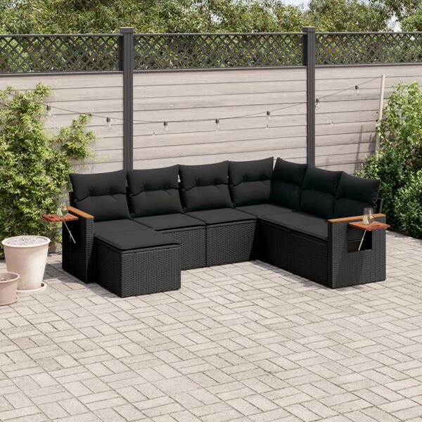 vidaXL 7-tlg. Garten-Sofagarnitur mit Kissen Schwarz Poly Rattan