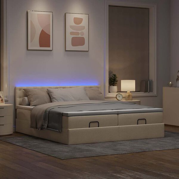 vidaXL Ottoman-Bett mit Matratzen & LEDs Creme 200x200 cm Stoff