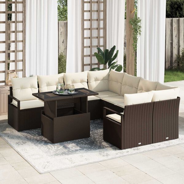 vidaXL Gartensofa-set mit Kissen mit Speicher 9 pcs Braun Poly Rattan