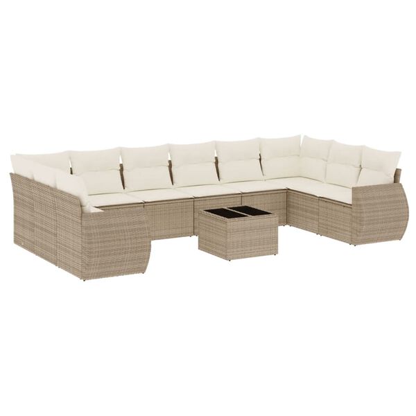 vidaXL 11-tlg. Garten-Sofagarnitur mit Kissen Beige Poly Rattan