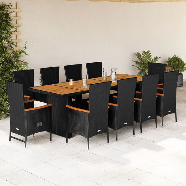vidaXL 11-tlg. Garten-Essgruppe mit Kissen Schwarz Poly Rattan