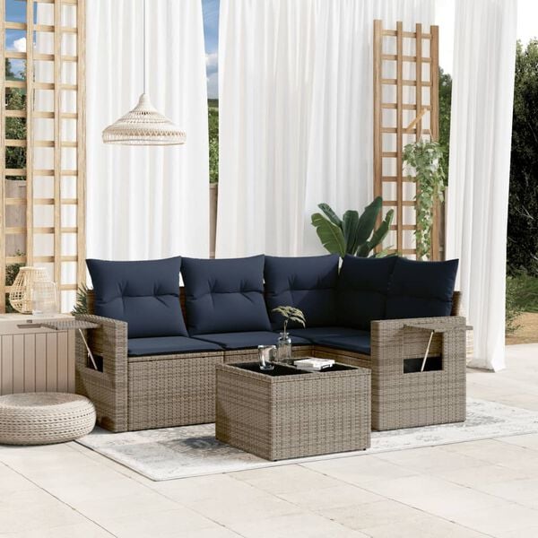 vidaXL 5-teiliges Gartensofa-Set mit Kissen, grau, Polyrattan