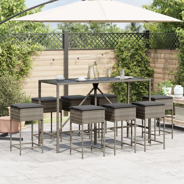vidaXL 9-tlg. Gartenbar-Set mit Kissen Grau Poly Rattan