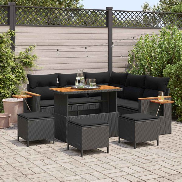 vidaXL Garten-Sofa-Set mit Kissen mit Speicher Schwarz Poly Rattan