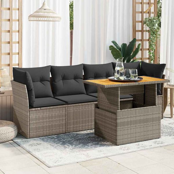 vidaXL 5-tlg. Garten-Sofagarnitur mit Kissen Grau Poly Rattan