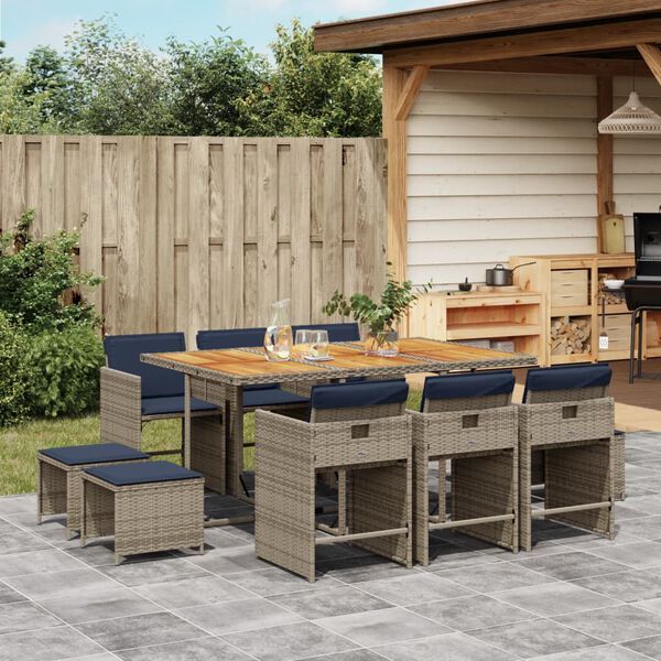 vidaXL 11-teiliges Garten-Ess-Set mit Kissen, grau, Polyrattan