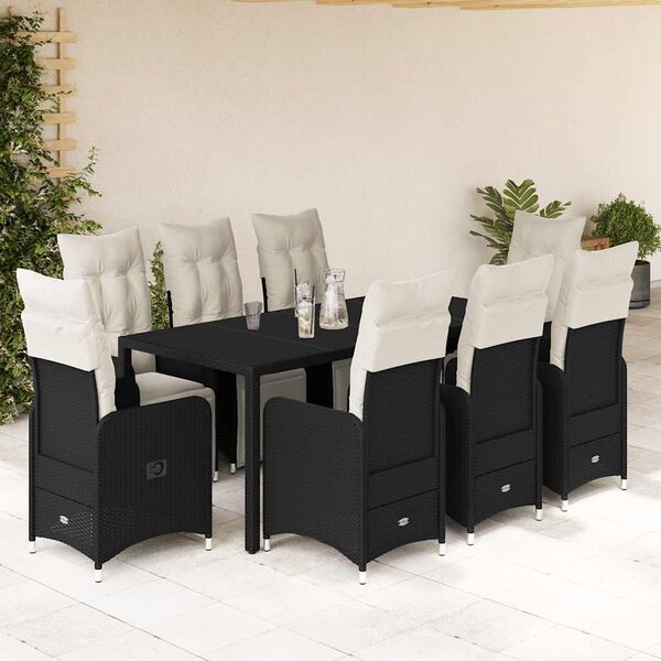 vidaXL 9-tlg. Garten-Bistro-Set mit Kissen Schwarz Poly Rattan
