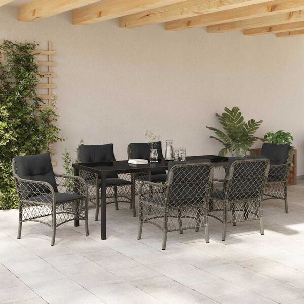 vidaXL Garten Essgruppe mit Kissen 7 pcs Grau Poly-Rattan