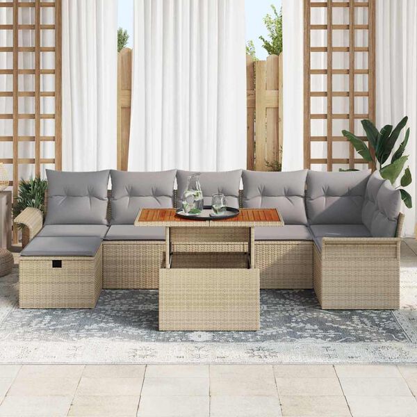 vidaXL Garten-Sofa-Set mit Kissen mit Speicher 8 pcs Beige Poly Rattan
