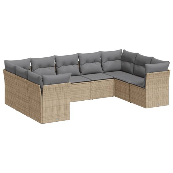 vidaXL 9-tlg. Garten-Sofagarnitur mit Kissen Beige Poly Rattan
