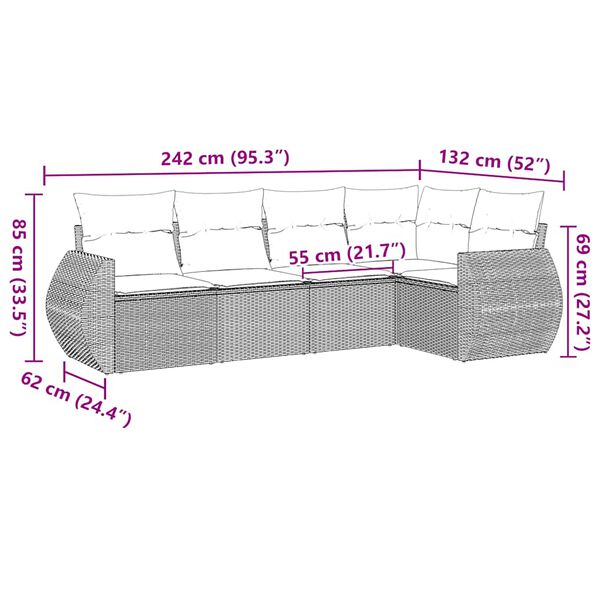 vidaXL 5-tlg. Garten-Sofagarnitur mit Kissen Schwarz Poly Rattan