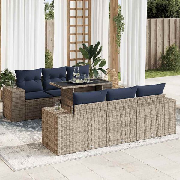 vidaXL 7-tlg. Garten-Sofagarnitur mit Kissen Grau Poly Rattan Akazie