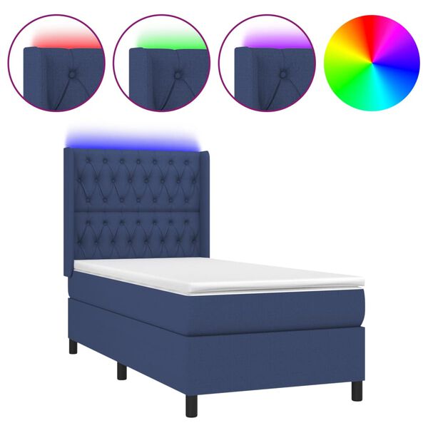 vidaXL Boxspringbett mit Matratze & LED Blau 90x200 cm Stoff
