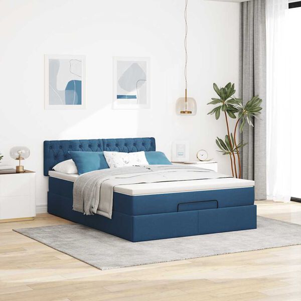 vidaXL Ottomane Bett mit Matratze & LEDs Blau 140x190 cm Stoff