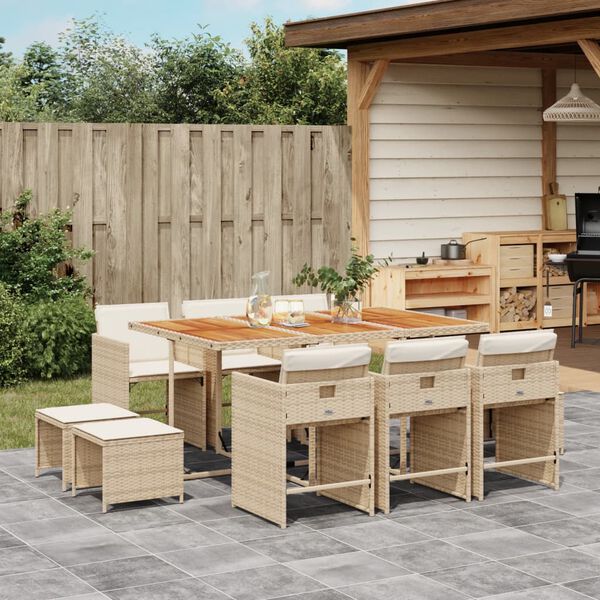 vidaXL 11-tlg. Garten-Essgruppe mit Kissen Beige Poly Rattan