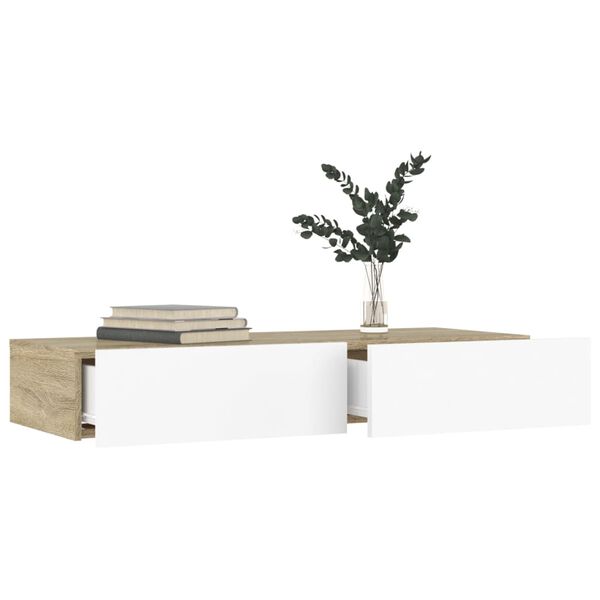 vidaXL TV-Schrank mit LED-Leuchten Weiß und Sonoma-Eiche 90x35x15,5 cm