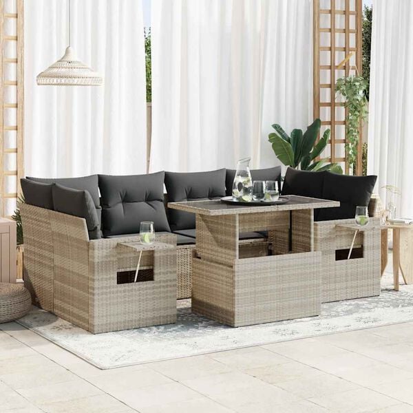 vidaXL 7-tlg. Garten-Sofagarnitur mit Kissen Hellgrau Poly Rattan