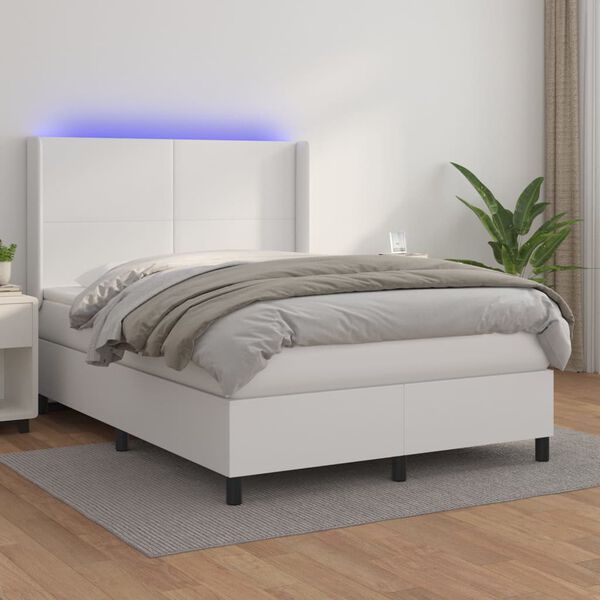 vidaXL Boxspringbett mit Matratze & LED Wei&szlig; 140x200 cm Kunstleder