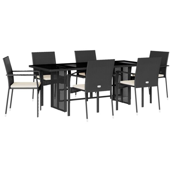 vidaXL 7-tlg. Garten-Essgruppe mit Kissen Schwarz Poly Rattan