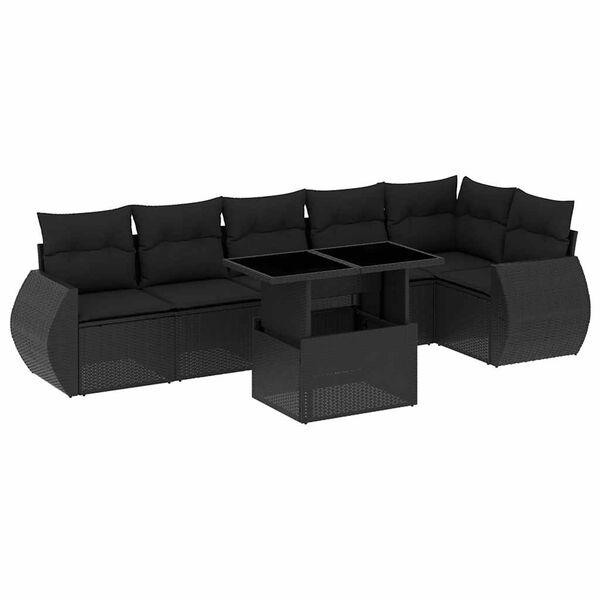 vidaXL 7-tlg. Garten-Sofagarnitur mit Kissen Schwarz Poly Rattan