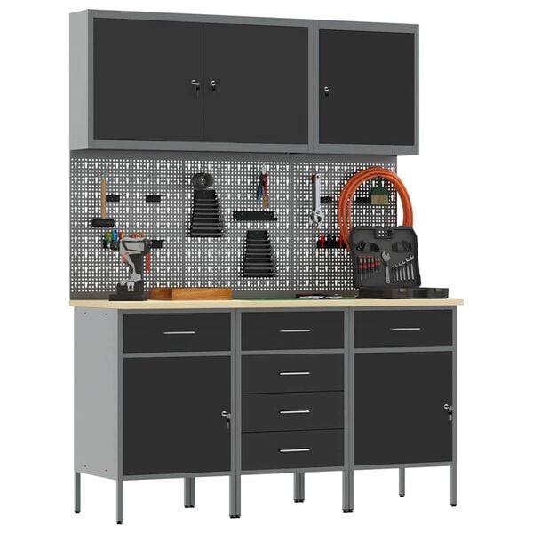 vidaXL Werkbank mit Schubladen 8 pcs Schwarz Ingenieure Holz und Stahl