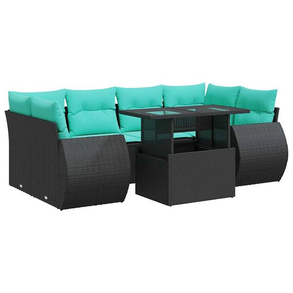 vidaXL 7-tlg. Garten-Sofagarnitur mit Kissen Schwarz Poly Rattan