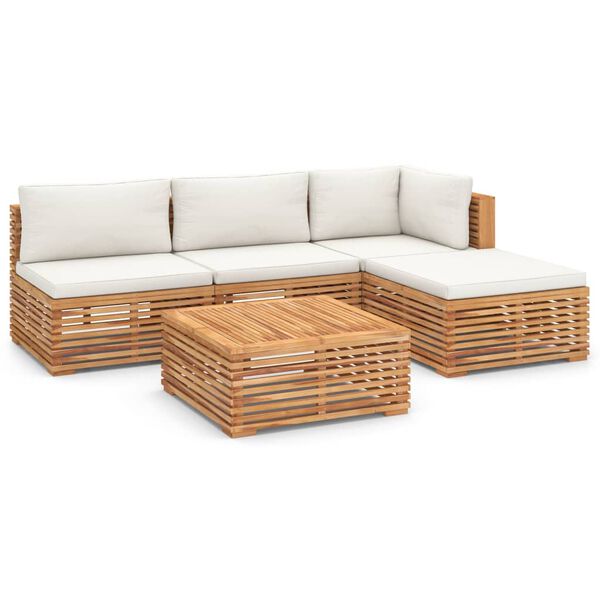vidaXL 5-tlg. Garten-Lounge-Set mit Creme Kissen Massivholz Teak