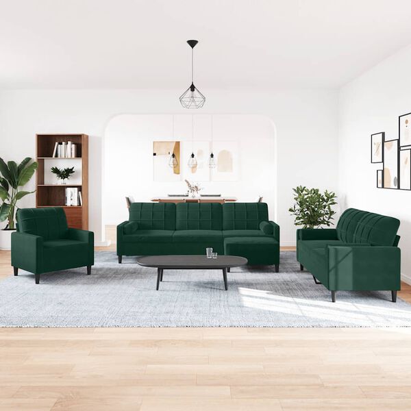 vidaXL 4-tlg. Sofagarnitur mit Kissen und Nackenrollen Dunkelgr&uuml;n Samt