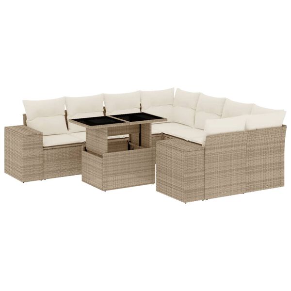 vidaXL 9-tlg. Garten-Sofagarnitur mit Kissen Beige Poly Rattan