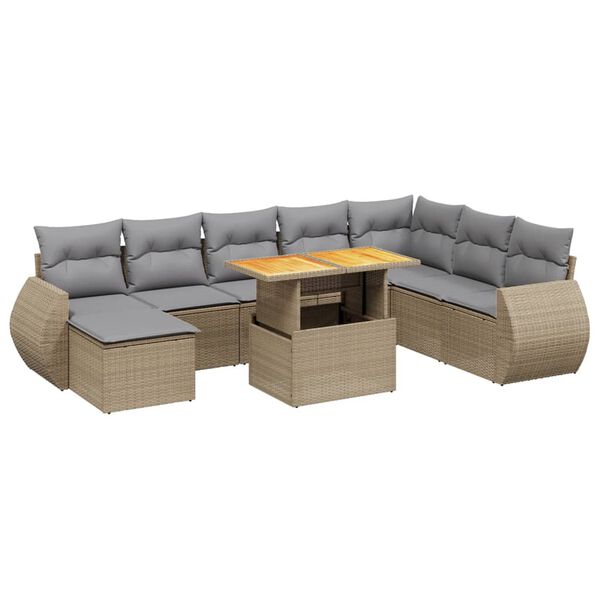 vidaXL 9-tlg. Garten-Sofagarnitur mit Kissen Beige Poly Rattan