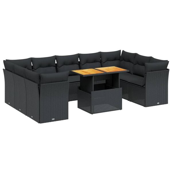 vidaXL 10-tlg. Garten-Sofagarnitur mit Kissen Schwarz Poly Rattan