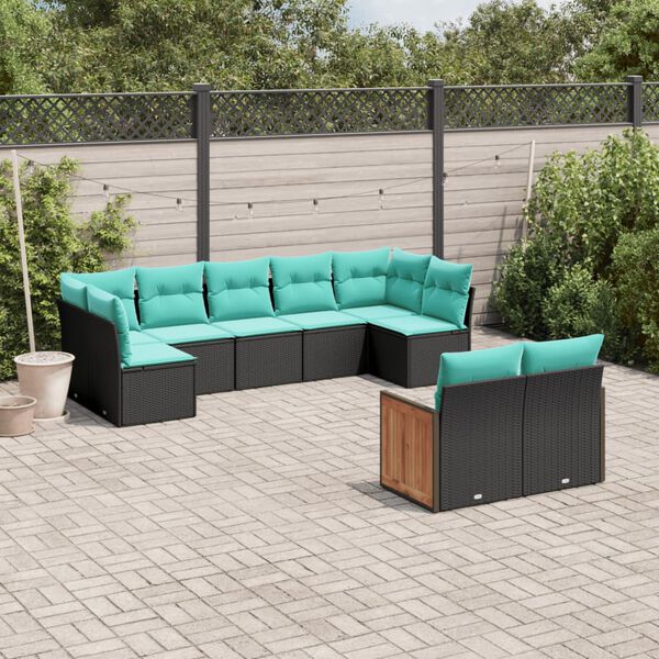 vidaXL 9-teiliges Gartensofa-Set mit Kissen, schwarzes Polyrattan