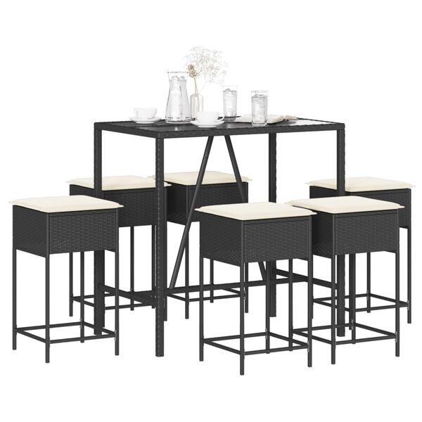 vidaXL 7-tlg. Gartenbar-Set mit Kissen Schwarz Poly Rattan